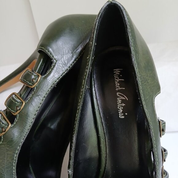 Y2K  Green Leather Multi Cut Out Buckle Accents Hidden Platform Stilettos Sz 7.5 - Picture 8 of 8
